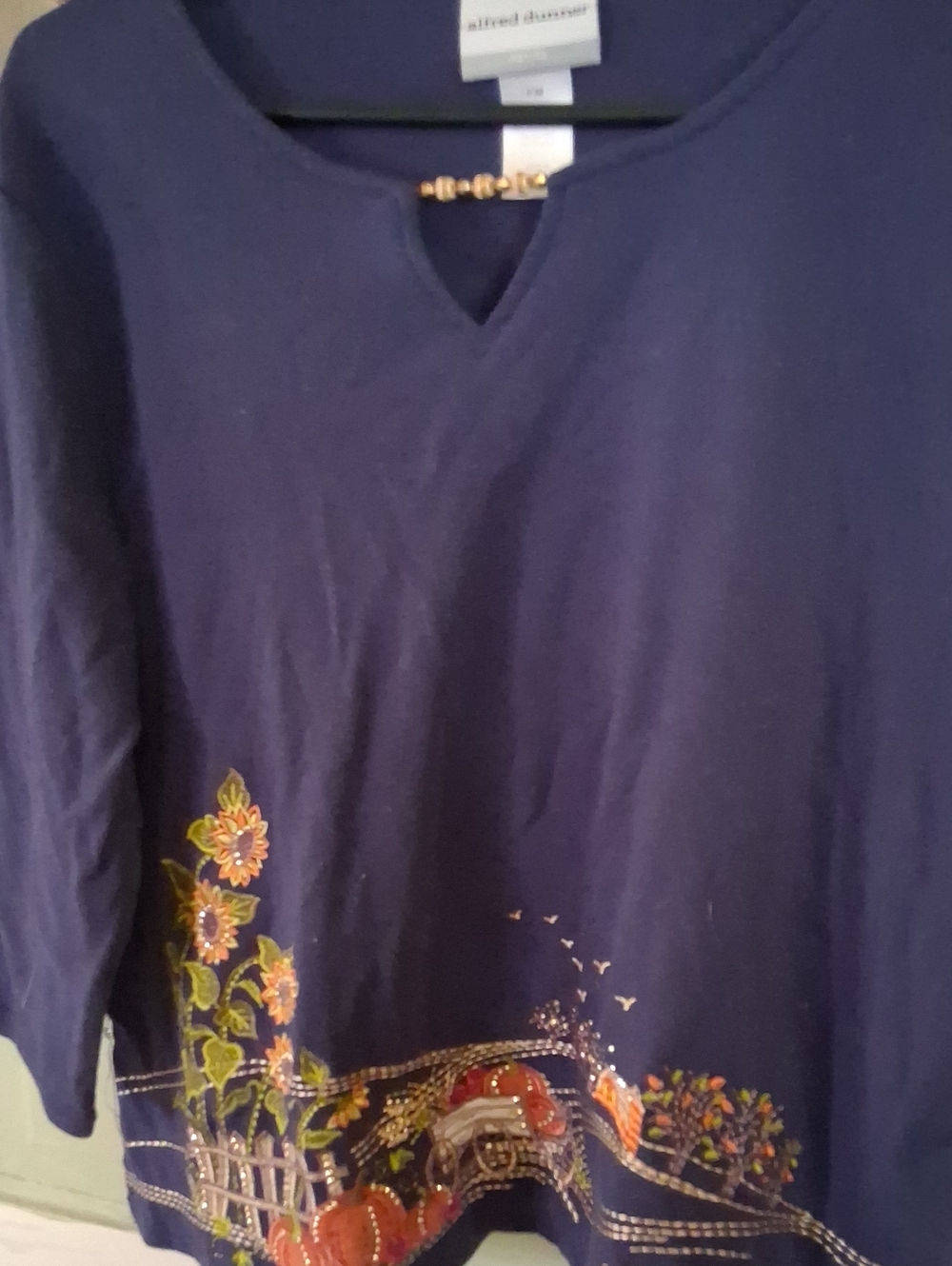 Alfred Dunner Womens Navy Embroidered Floral Top